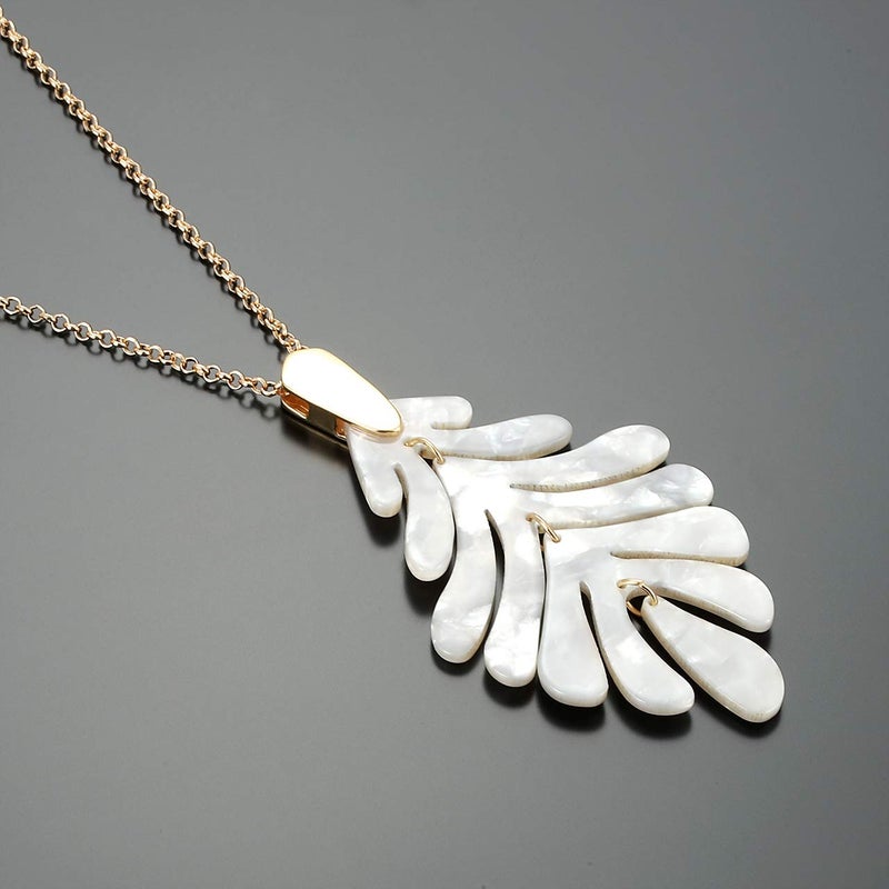 ARATLENCH Acrylic Pendant necklace Earrings â€“ Long Statement Leaf Charm Necklace Tortoise Resin Palm Leaf Earrings Fashion Necklaces Earrings for Women (White) - Image 4